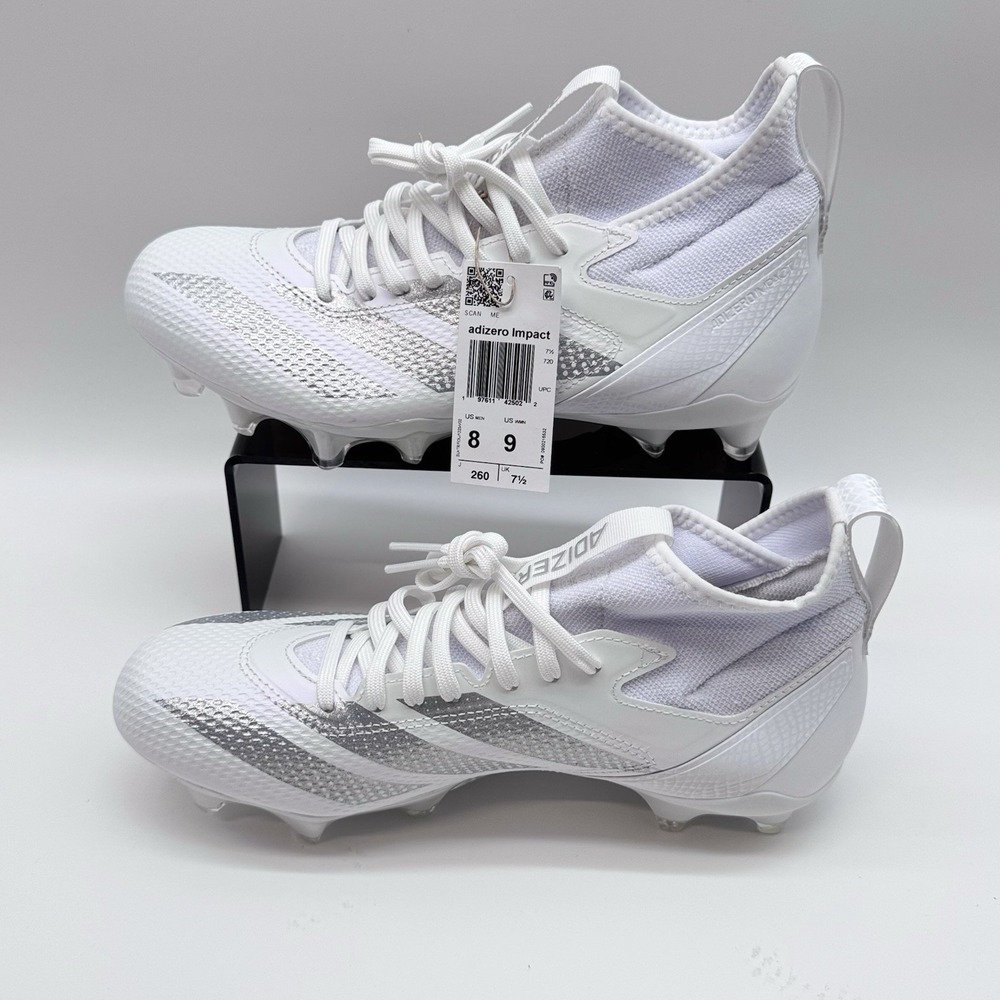 Size 8M, 9W- New Adidas Adizero Impact Football Cleats, White/Silver Metallic